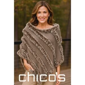 Chico’s Faux Fur Trim Knit Poncho Taupe Brown Cozy Chic Fall Layer S/M